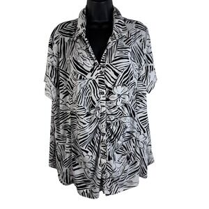 Susan Graver Women's Blouse Black Size 2x Button Up Collared Short Sleeve V Neck